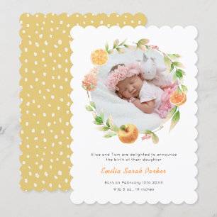 Yellow Citrus Rose Wreath Floral Photo Birth Announcement