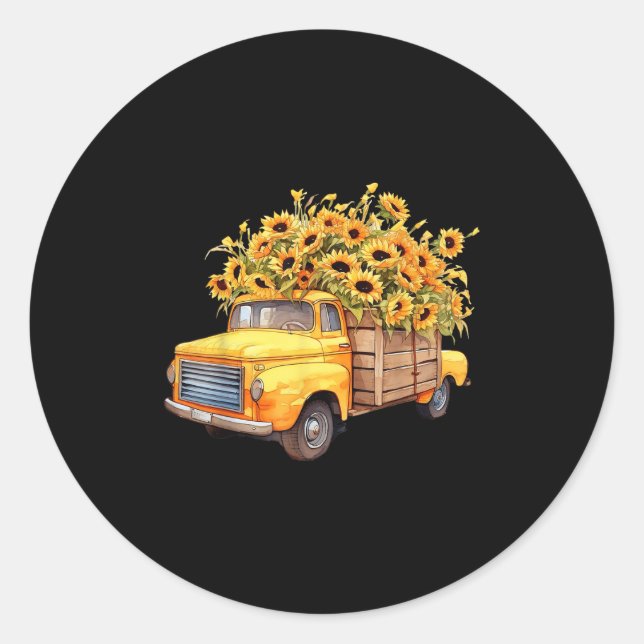 Yellow Ckup Truck Sunflower Autumn Halloween Thank Classic Round Sticker (Front)
