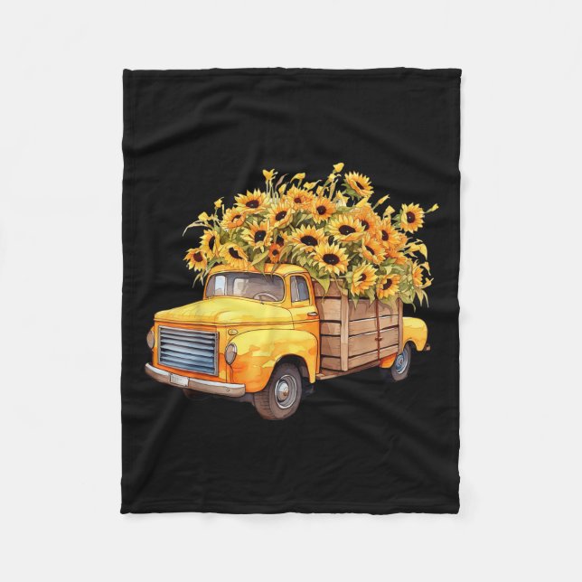 Yellow Ckup Truck Sunflower Autumn Halloween Thank Fleece Blanket (Front)