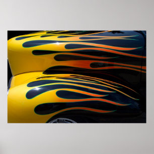 Yellow Classic Car Flames Poster