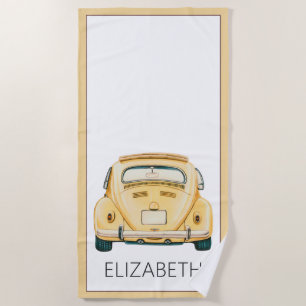Yellow Classic Vintage Buggy Bug Car Personalised Beach Towel