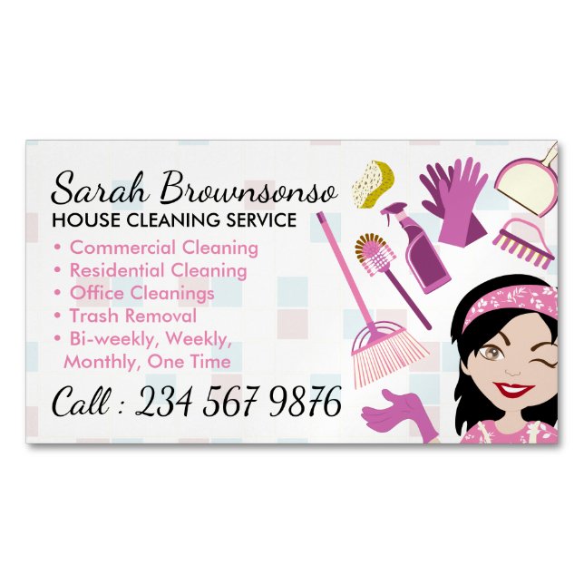 Yellow Cleaning Janitorial Lady Tile Washing Magnetic Business Card (Front)