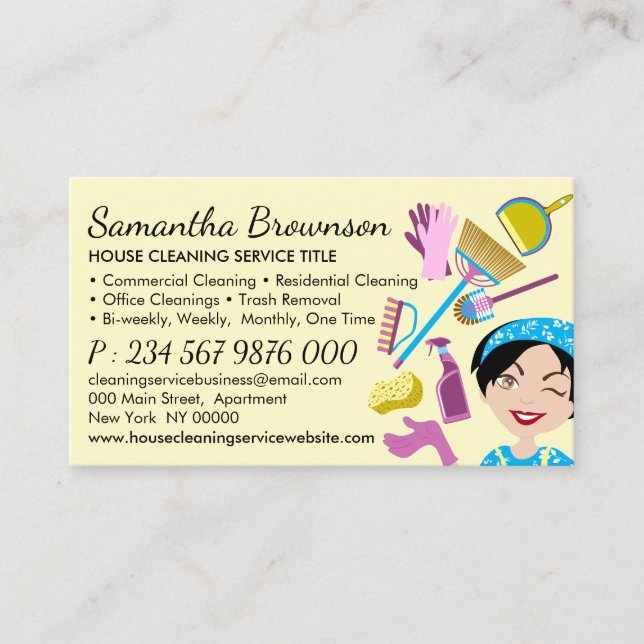 Yellow Cleaning Janitorial Maid Housekeeping Business Card (Front)