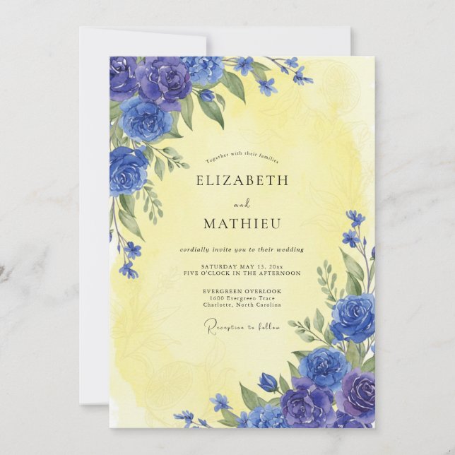 Yellow Cobalt Rose Wedding Invitation (Front)