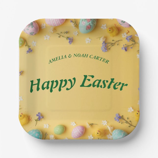 Yellow colorful  Easter BRUNCH & HUNT Paper Plate (Front)