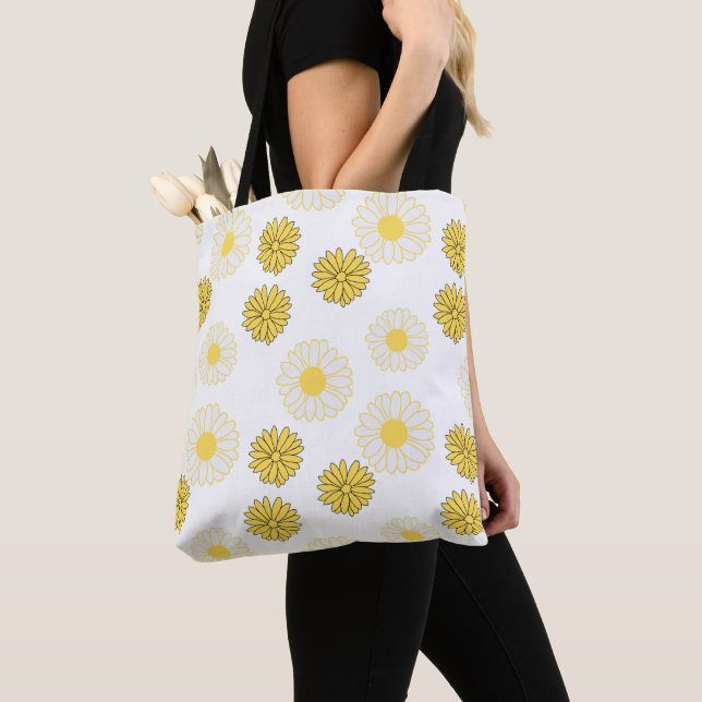 Yellow Colour Daisies Pattern in White Tote Bag (Close Up)