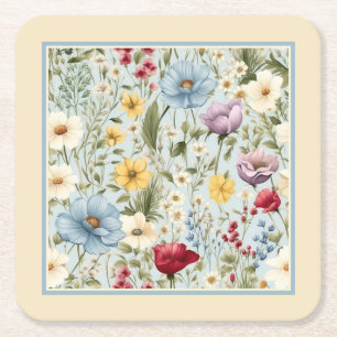 Yellow colour with delicate floral pattern square paper coaster