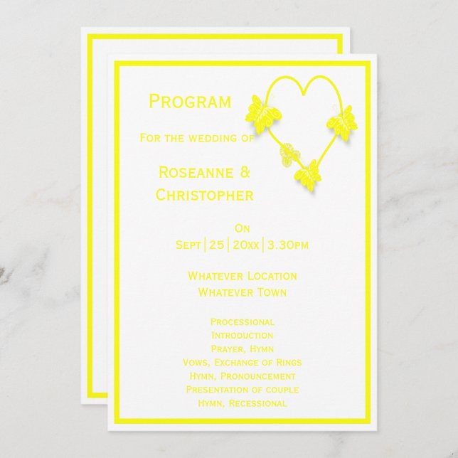 Yellow Coloured Butterflies Heart Design Wedding Programme (Front/Back)