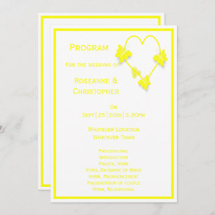 Yellow Coloured Butterflies Heart Design Wedding Programme