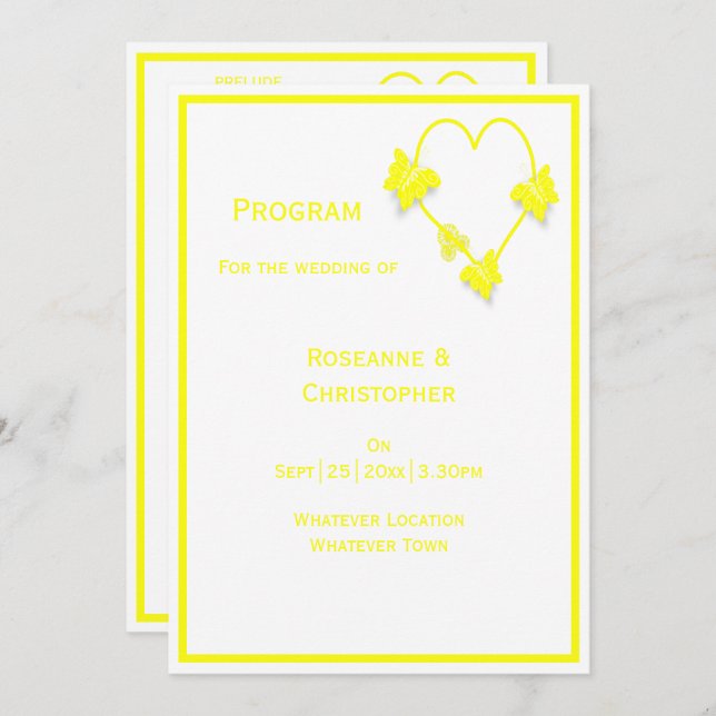 Yellow Coloured Butterflies Heart Design Wedding Programme (Front/Back)