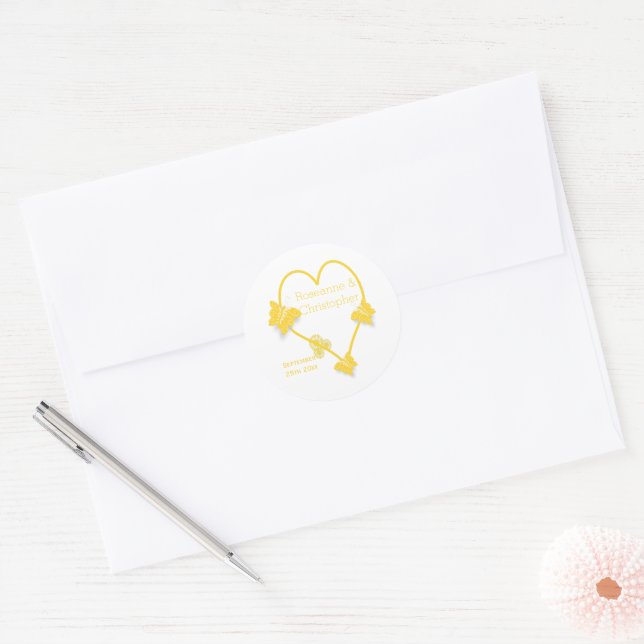 Yellow Coloured Butterfly Heart Design Wedding Classic Round Sticker (Envelope)