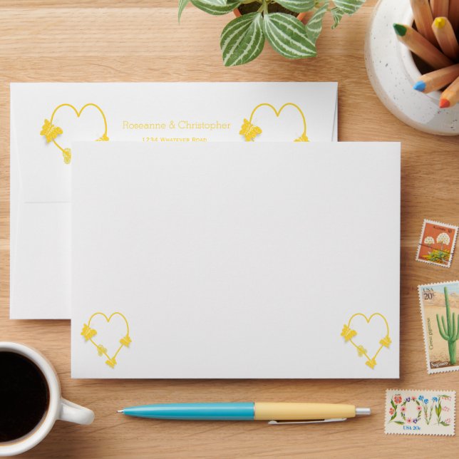 Yellow Coloured Butterfly Heart Design Wedding Envelope (Desk)