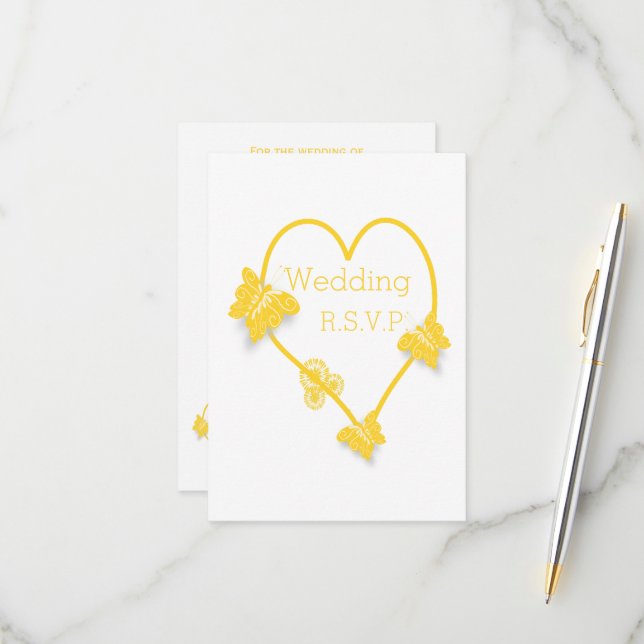 Yellow Coloured Butterfly Heart Design Wedding RSVP Card (Front/Back In Situ)
