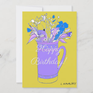 Yellow Colourful Happy Birthday Flowers In Mug  Holiday Card