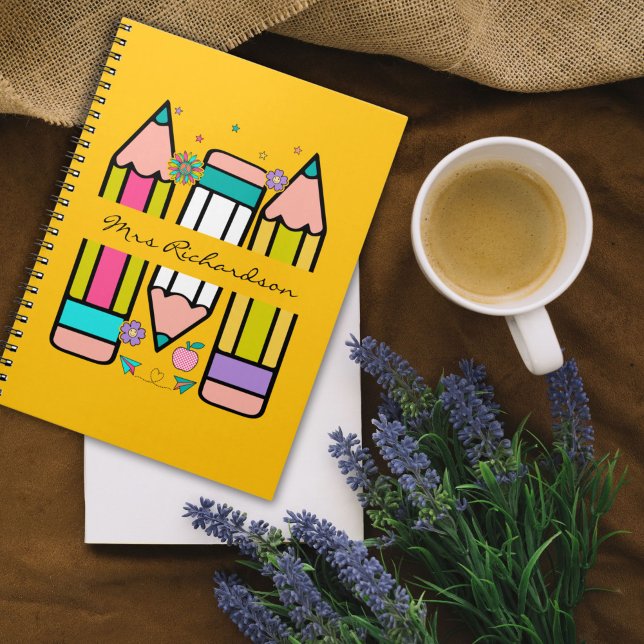 Yellow Colourful teacher name pencil cartoon  Notebook (Creator Uploaded)