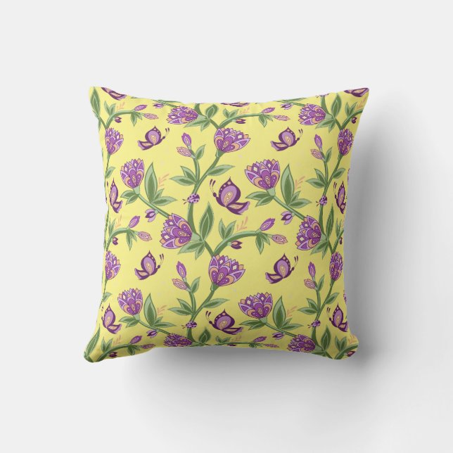 Yellow colours, purple butterfly summer pillows (Back)