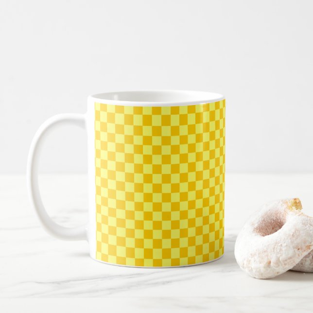Yellow Combination  Chequerboard by ShirleyTaylor Coffee Mug (With Donut)