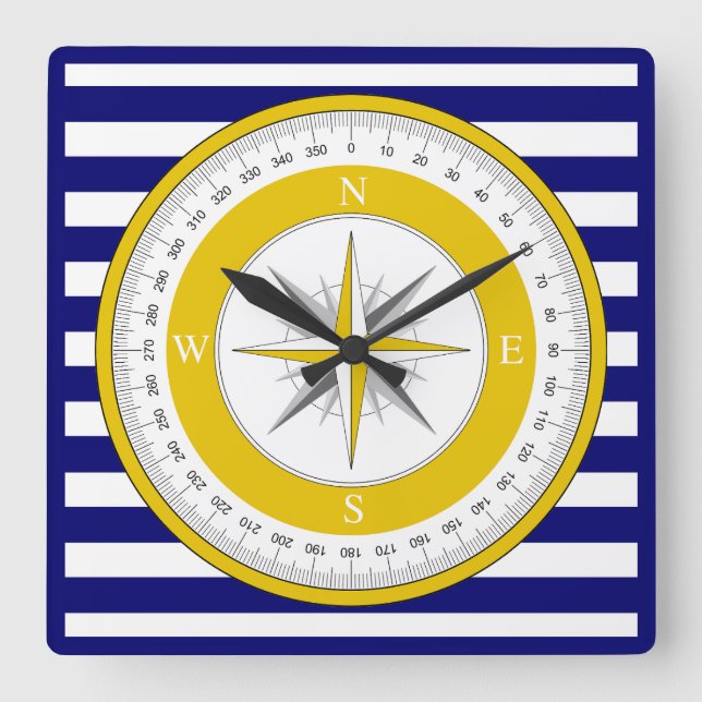Yellow Compass Rose Blue and White Stripe Square Wall Clock (Front)