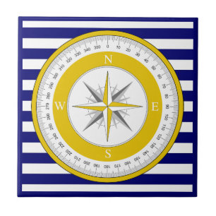 Yellow Compass Rose Blue and White Stripe Tile