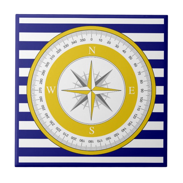 Yellow Compass Rose Blue and White Stripe Tile (Front)
