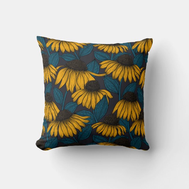 Yellow coneflowers on dark blue cushion (Front)