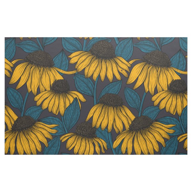 Yellow coneflowers on dark blue fabric (Fat Quarter)