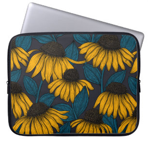 Yellow coneflowers on dark blue laptop sleeve