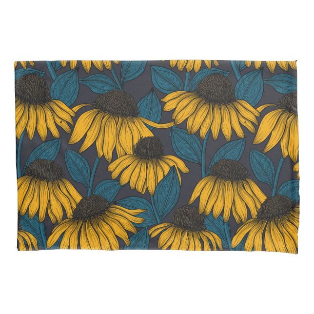 Yellow coneflowers on dark blue pillowcase (Front-Left)
