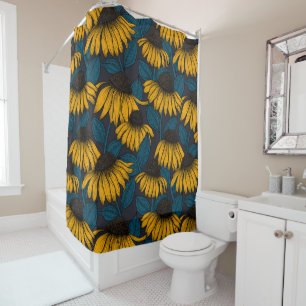 Yellow coneflowers on dark blue shower curtain