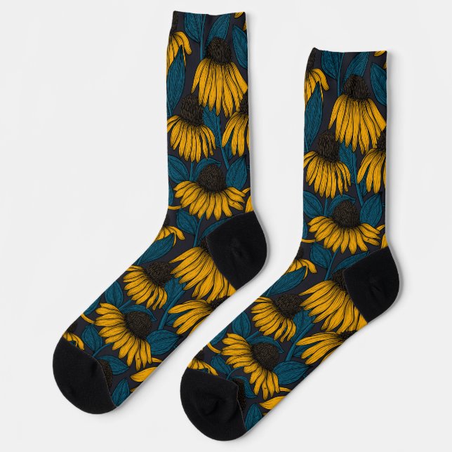 Yellow coneflowers on dark blue socks (Left)