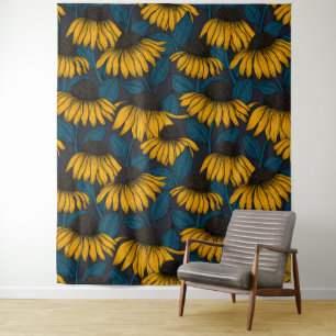 Yellow coneflowers on dark blue tapestry