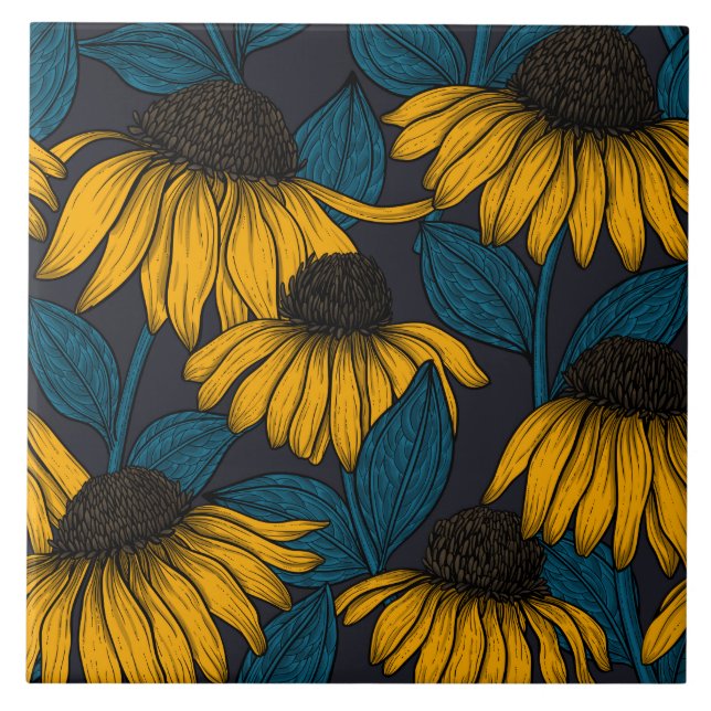 Yellow coneflowers on dark blue tile (Front)
