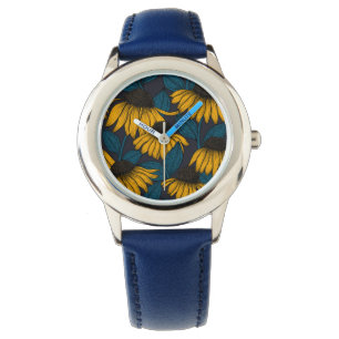 Yellow coneflowers on dark blue watch