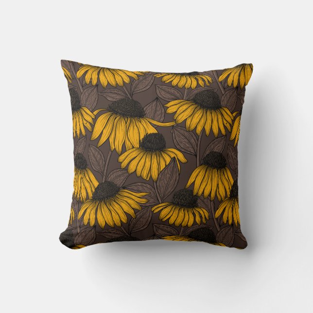 Yellow coneflowers on dark brown cushion (Front)