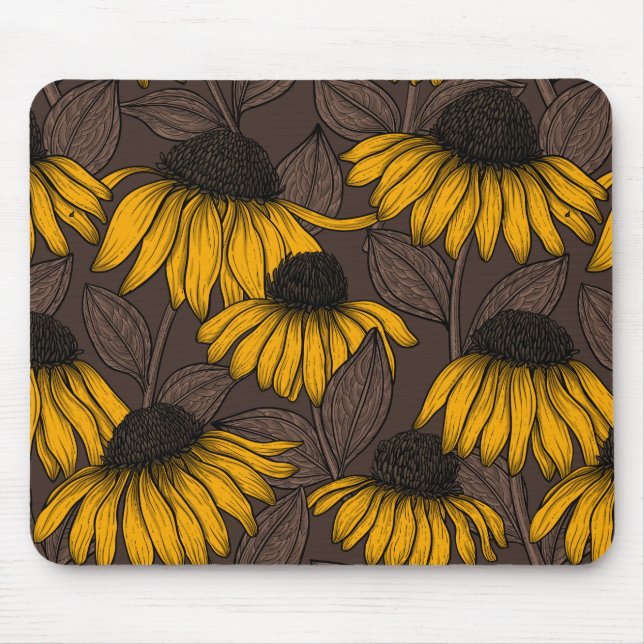 Yellow coneflowers on dark brown mouse mat (Front)
