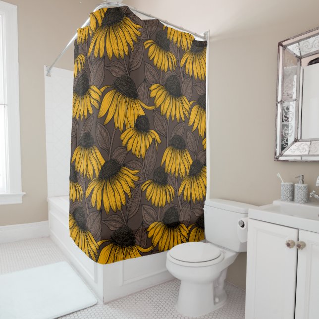 Yellow coneflowers on dark brown shower curtain (In Situ)