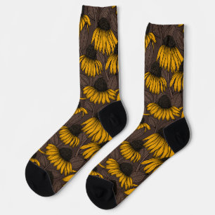 Yellow coneflowers on dark brown socks