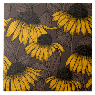 Yellow coneflowers on dark brown tile