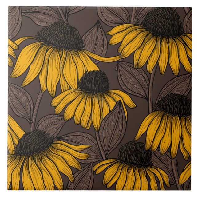 Yellow coneflowers on dark brown tile (Front)