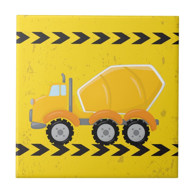Yellow Construction Concrete Mixer Vehicle Kids Tile (Front)