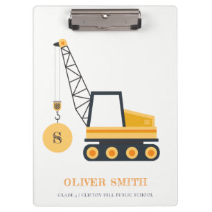 Yellow Construction Crane Vehicle Monogram Boys Clipboard