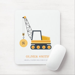 Yellow Construction Crane Vehicle Monogram Boys Mouse Mat