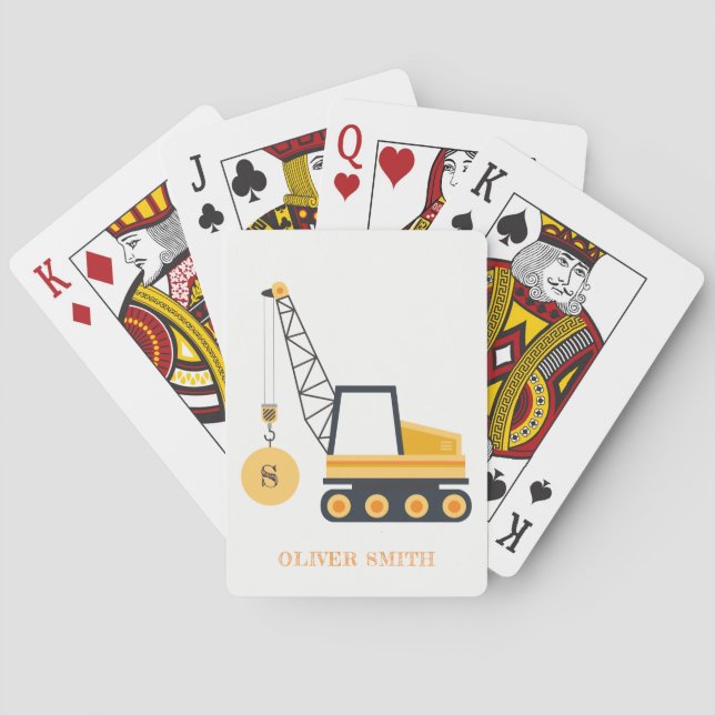 Yellow Construction Crane Vehicle Monogram Boys Playing Cards (Back)