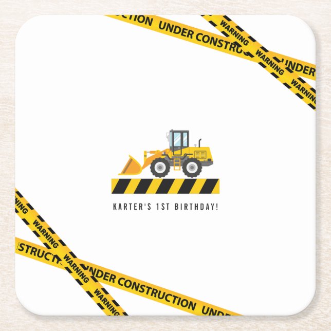 Yellow Construction Dump Truck Party Supplies Square Paper Coaster (Front)