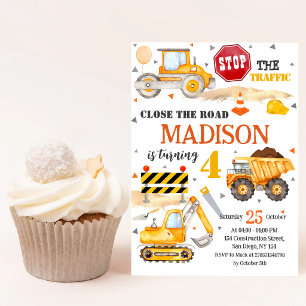 Yellow Construction Truck 1st Birthday Invitation