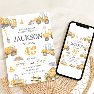 Yellow Construction Truck 3rd Birthday Invitation
