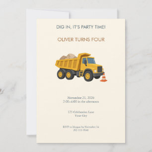 Yellow Construction Truck Birthday Invitation