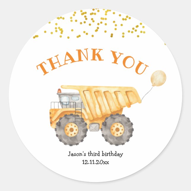 Yellow Construction Truck Birthday Sticker (Front)