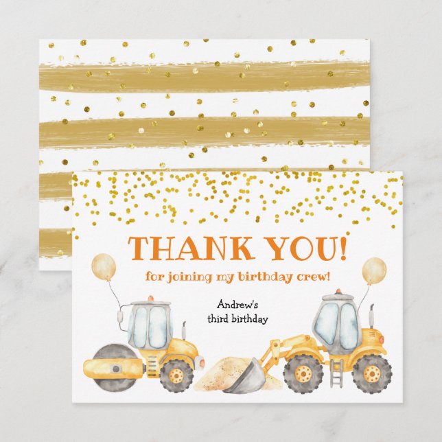 Yellow Construction Truck Birthday Thank You Card (Front/Back)