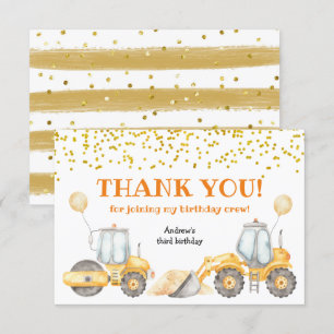 Yellow Construction Truck Birthday Thank You Card
